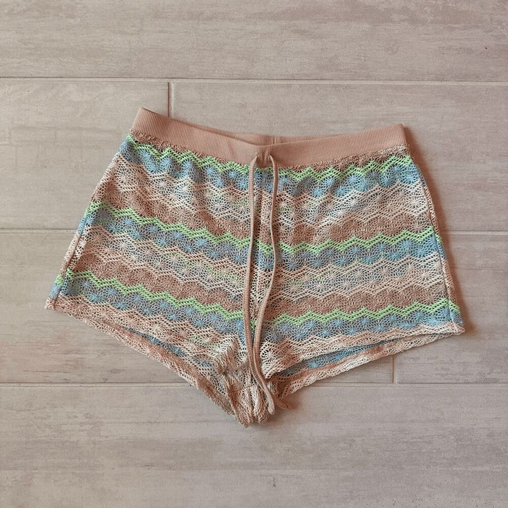 Wild Fable Crochet Cover Up Shorts Multi Striped Pastel Pull On Drawstring Small
